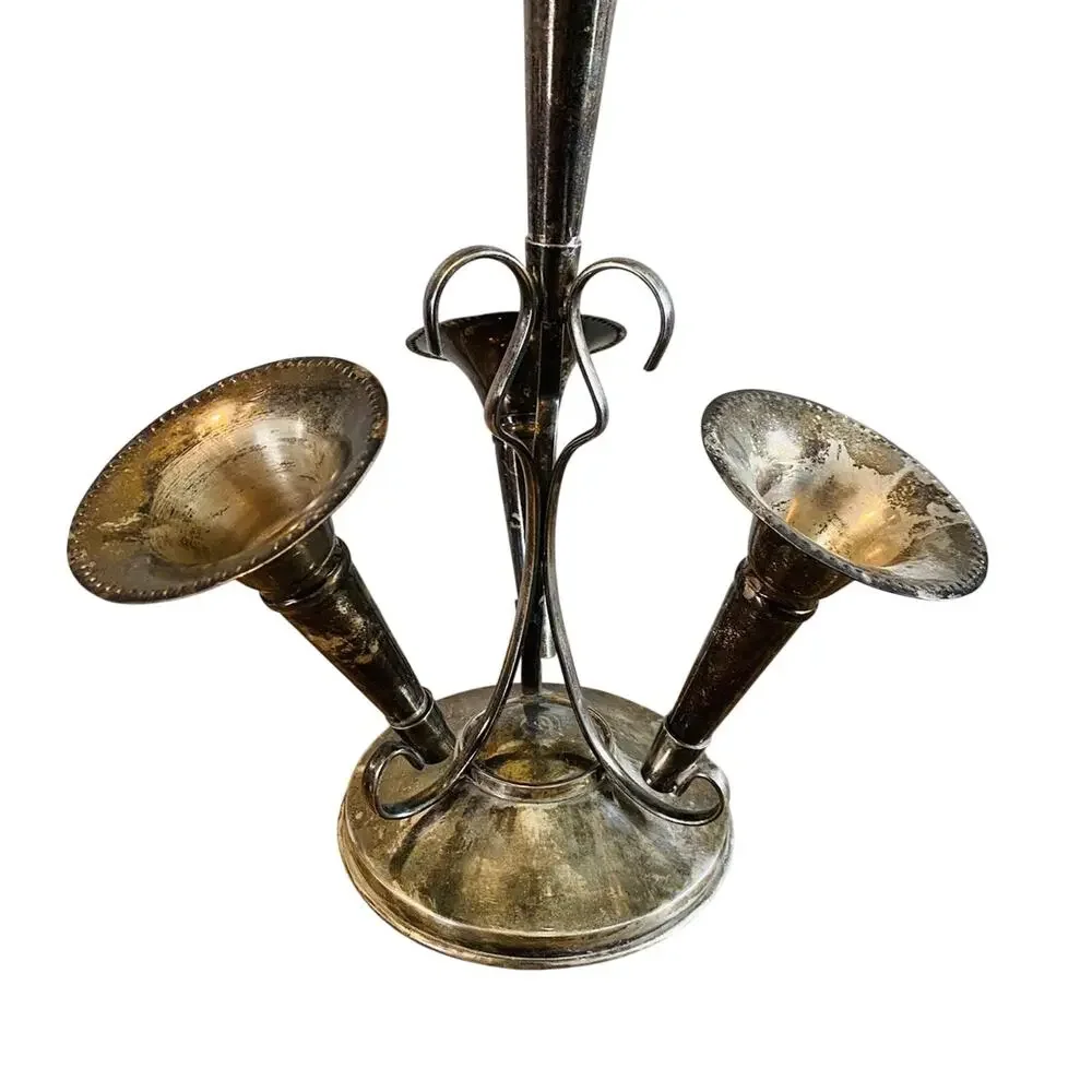 Antique Victorian Silverplate Epergne Centerpiece 4 Trumpet Vase Holder 12